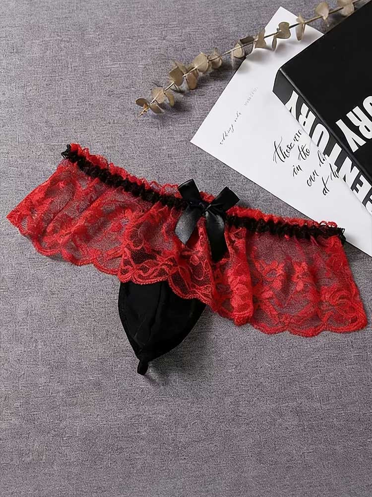 Men's Sexy Lace Bow Mesh Crossdressing Thong