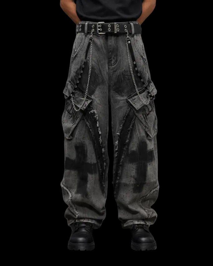 （Clearance）Paint-Splattered Distressed Wide-Leg Jeans