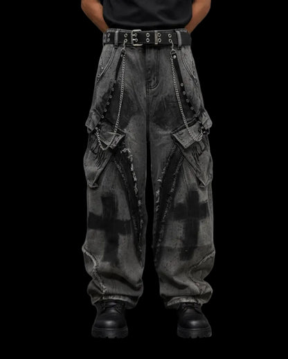 （Clearance）Paint-Splattered Distressed Wide-Leg Jeans