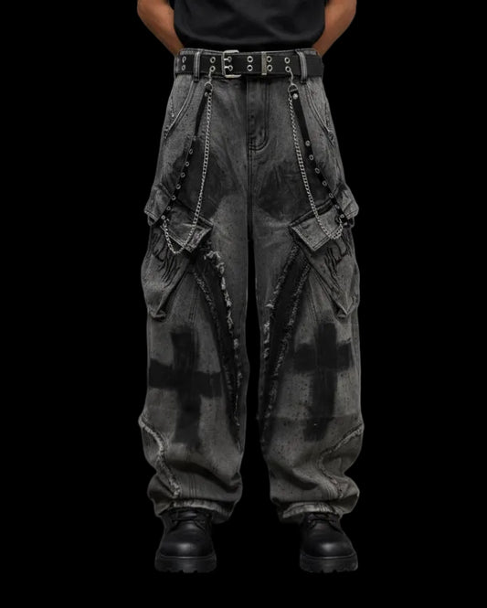 （Clearance）Paint-Splattered Distressed Wide-Leg Jeans