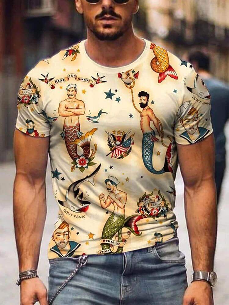 Men's Retro Mermaid Sailor Print Top and Pants 