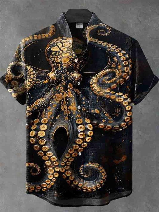 Vintage Deep Sea Octopus Print Short Sleeve Shirt