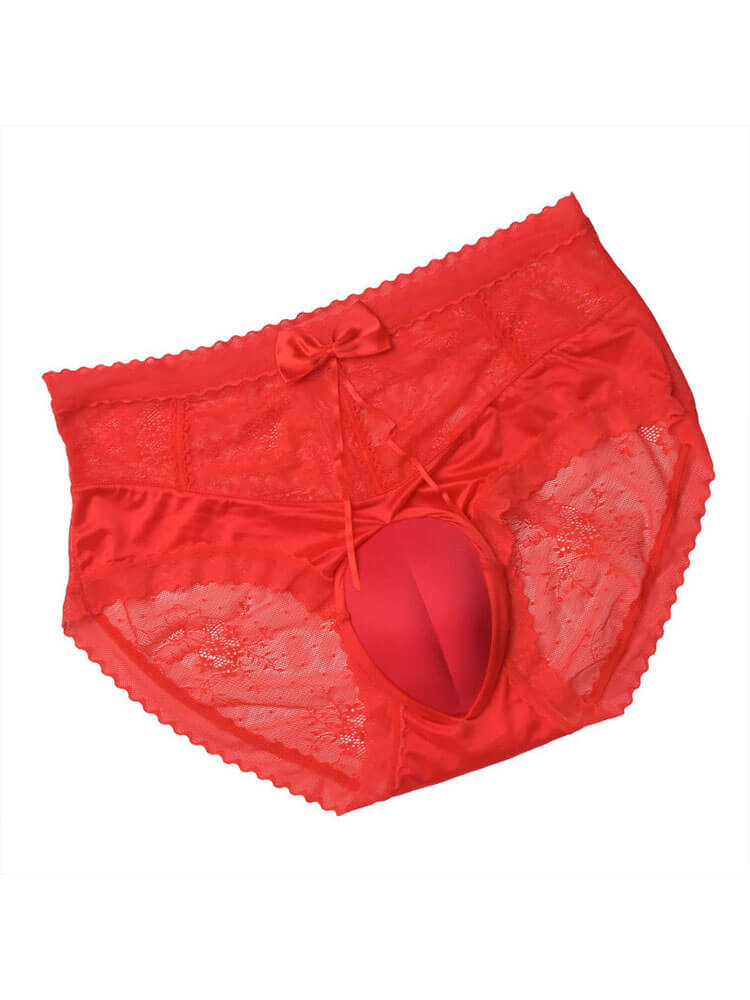 Men's Sexy Lace Bow Crossdressing Solid Color Briefs