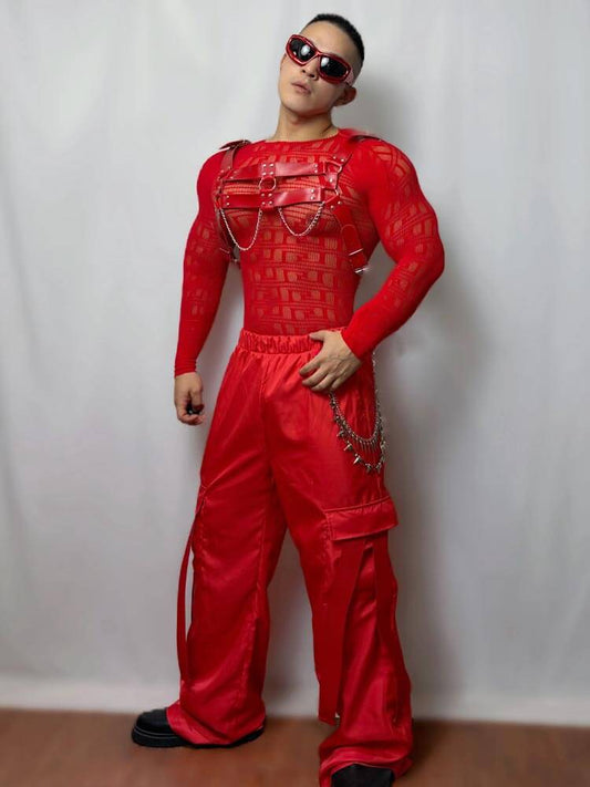Men's Mesh Top Pants Red Performance Costume Set