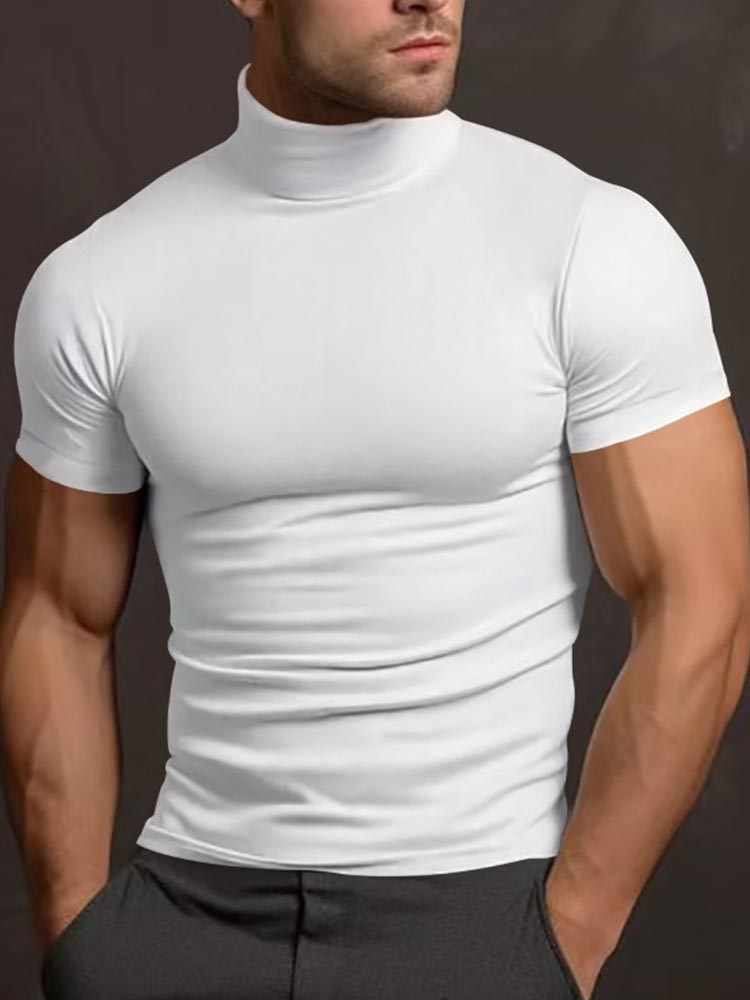 Men's Solid Color Short-sleeved High-neck T-shirt 