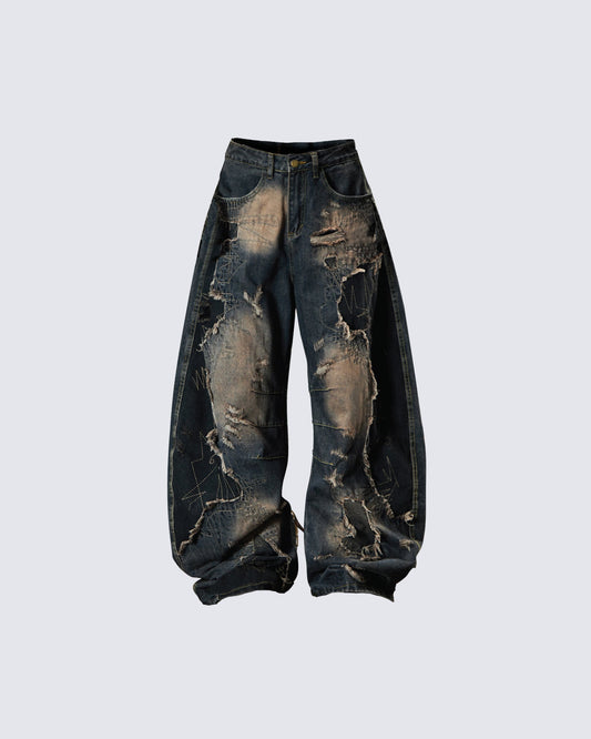 Deconstructed Washed Patchwork Blade-Cut Jeans
