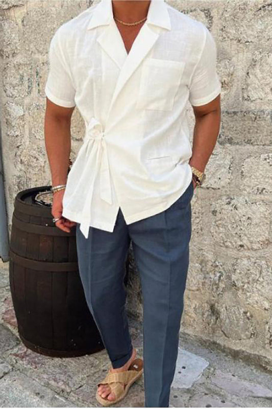 Men's Lapel Collar Lace-Up Short Sleeve Shirt