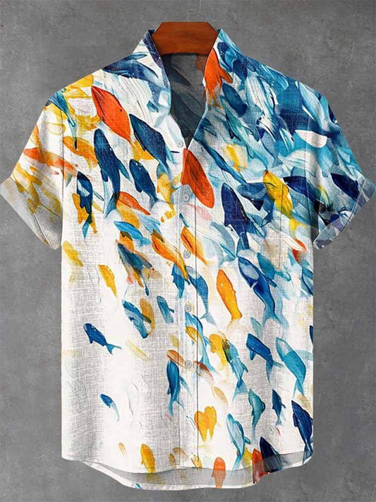 Casual Blue Orange Fish Shoal Print Cotton Shirt