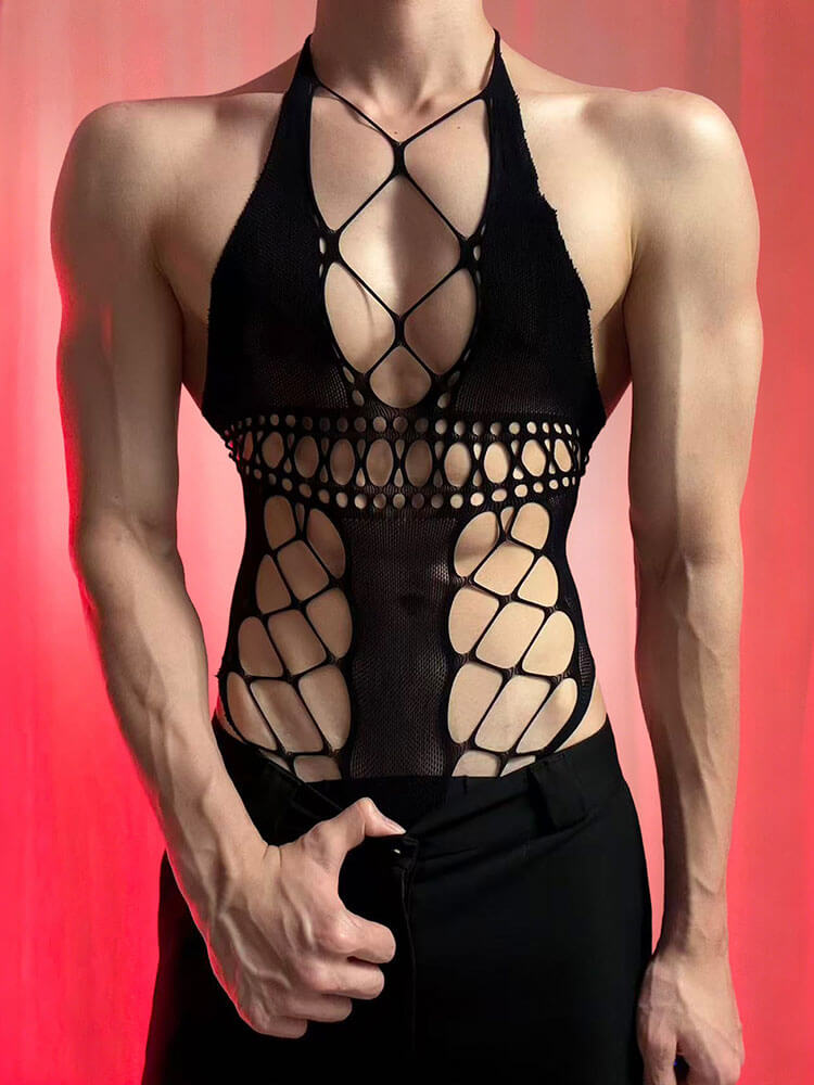 Men's Sexy Sheer Mesh & Lace Halter Bodysuit