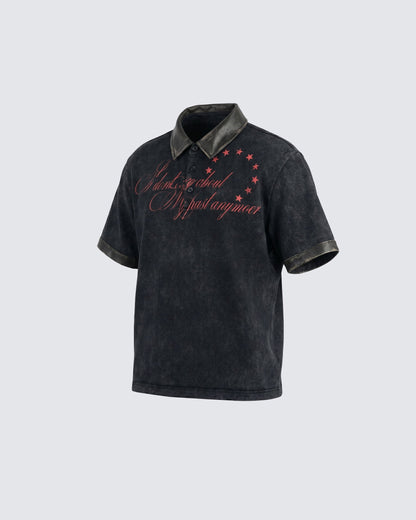 KIIKIO -New Vintage Washed Letter Print Polo Shirt