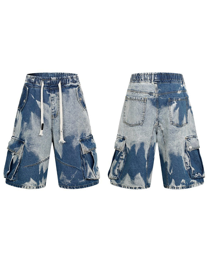 KIIKIO Utility Dark-Wash Drawstring Cargo Wide Denim Shorts