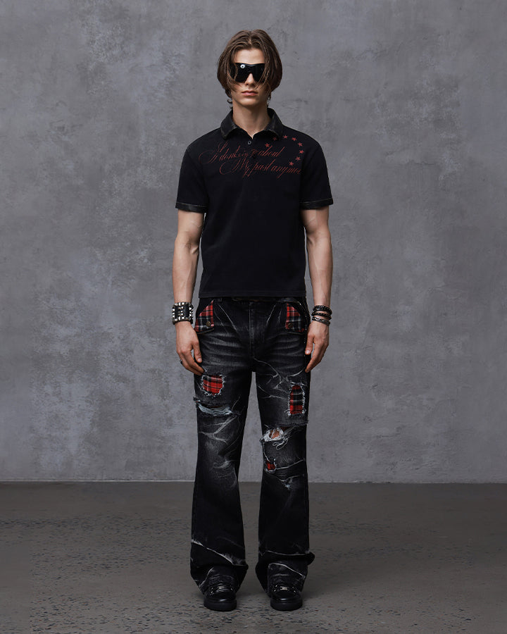 KIIKIO Vintage Plaid Patch Distressed Flared Jeans