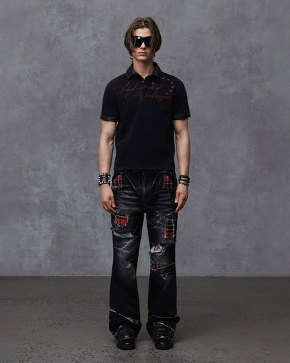 KIIKIO Vintage Plaid Patch Distressed Flared Jeans