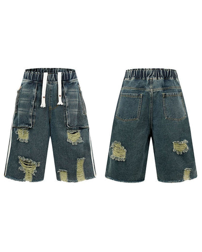 Grunge Drawstring Pocket Distressed Wide Denim Shorts