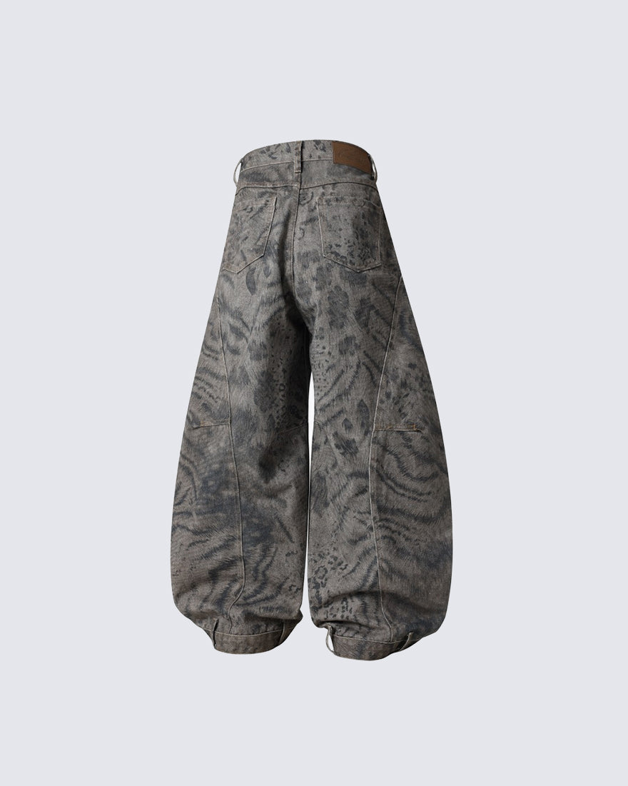 Leopard Double Animal-Texture Washed Wide-Leg Jeans