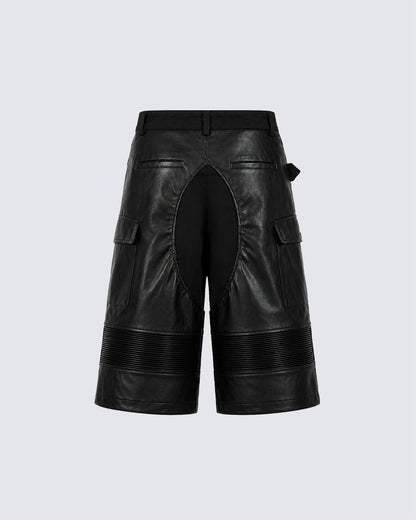 Gothic Deconstructed Patchwork Heavy PU Cargo Shorts