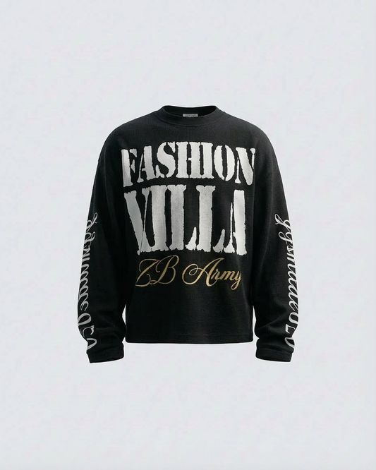American Vintage Letter Print Waffle Long Sleeve T-Shirt