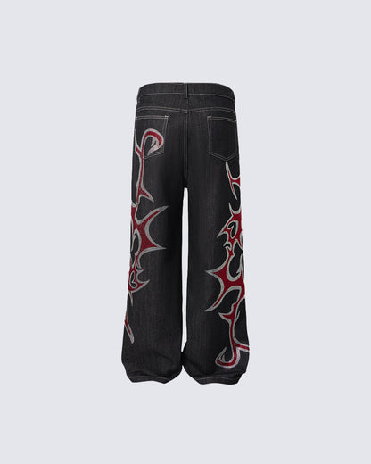New Rhinestone Flame Denim Jeans