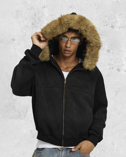 Boxy Zip Fur Collar Hoodie