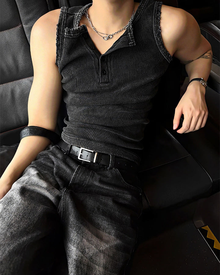 KIIKIO Vintage Washed Henley Neck Slim Fit Ribbed Tank Top