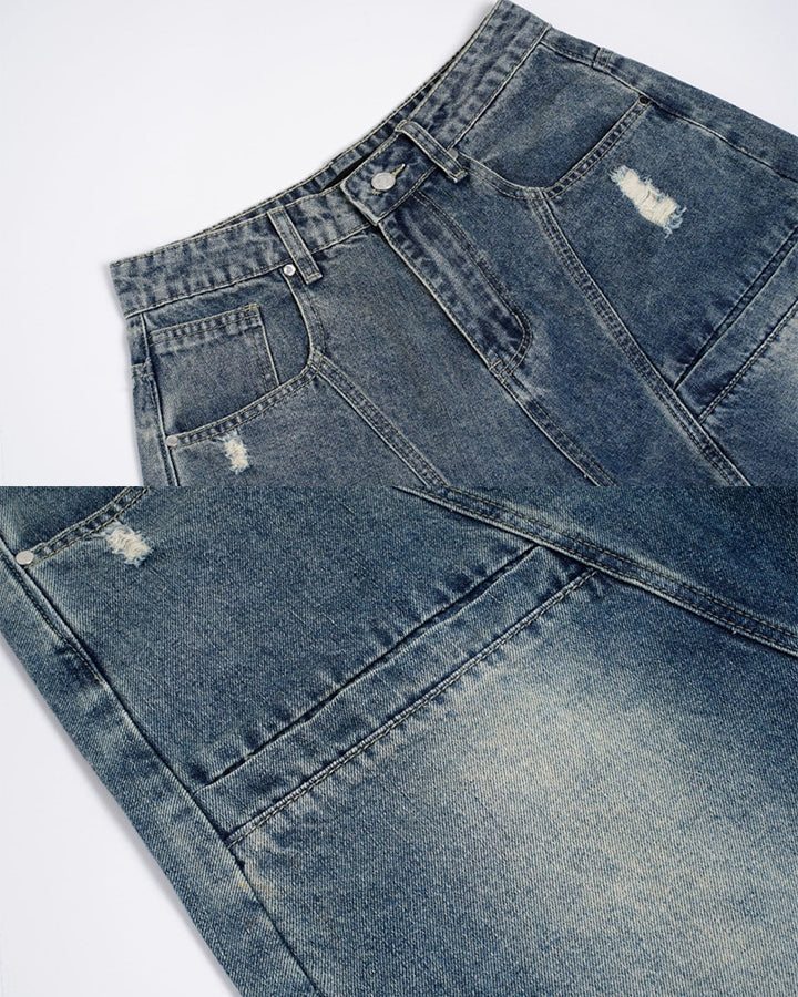 New Vintage Washed Panel Wide Denim Pants