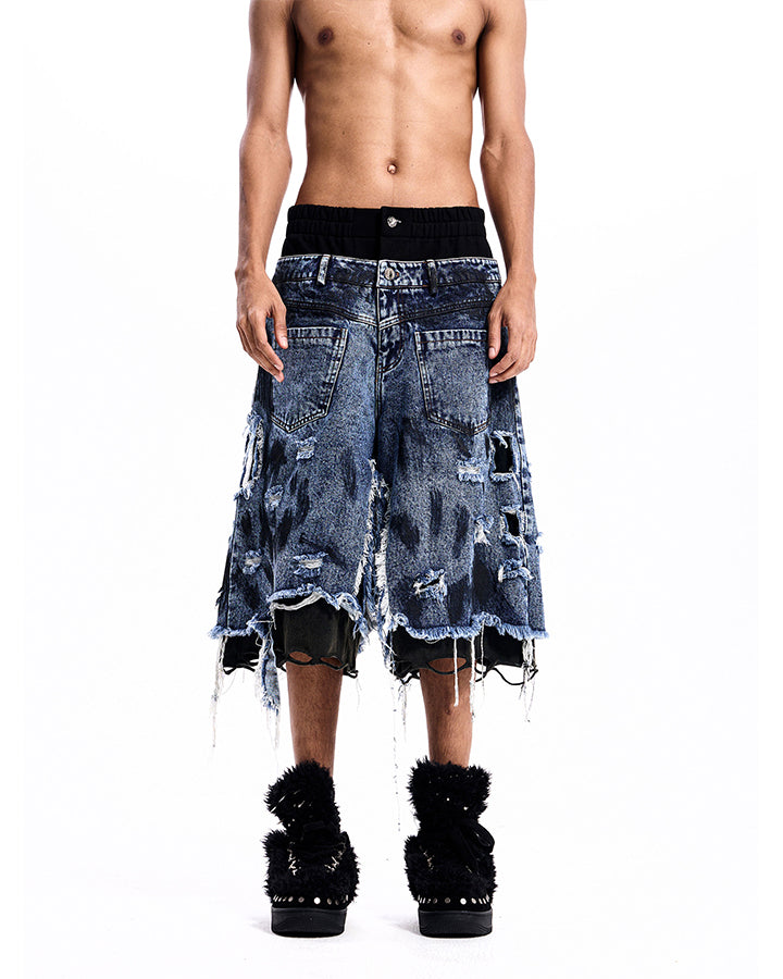 New Dirty-Washed Distressed Men’s Denim Mid Shorts