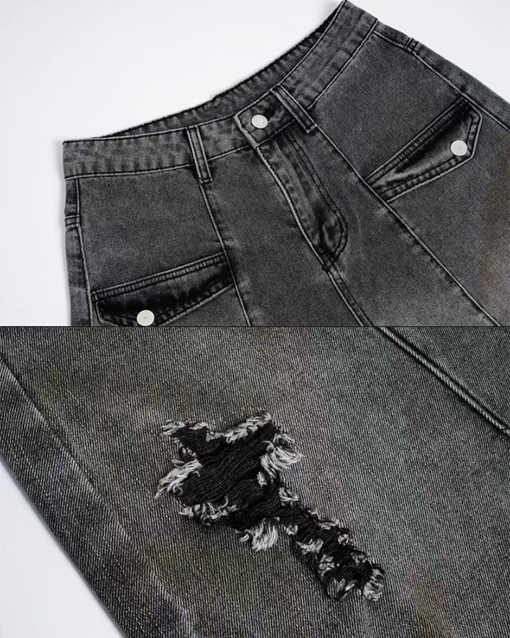 Grunge New Washed Distressed Wide Denim Pants