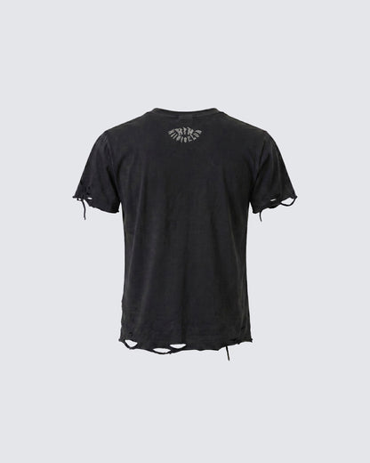 KIIKIO-New Y2K Distressed Union Graphic Washed Black T-Shirt