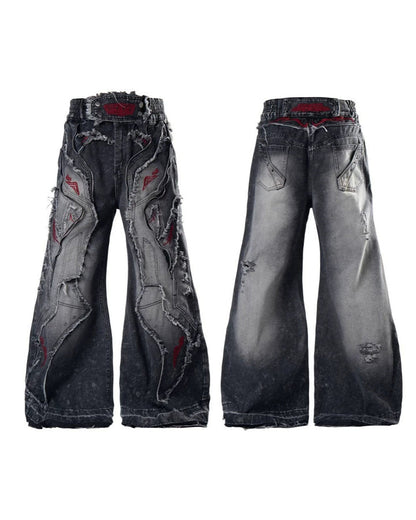 New Dark Washed Red Embroidery Flared Denim Jeans