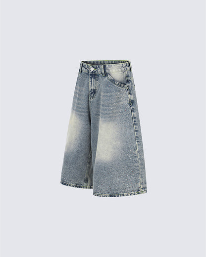 High Street New Rhinestone Washed Wide Denim Shorts