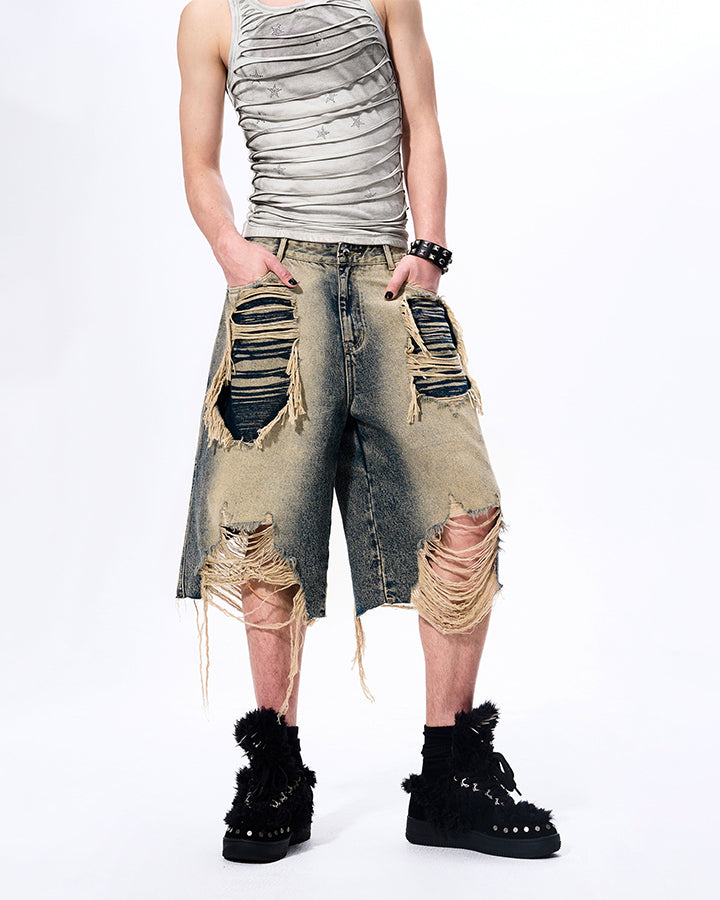KIIKIO Vintage Layered Distressed Denim Shorts