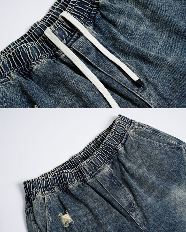 Grunge Drawstring Panel Distressed Wide Denim Shorts