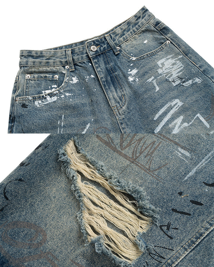 High Street New Graffiti Distressed Wide Denim Shorts
