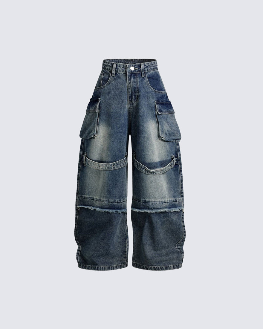 KIIKIO Utility Strappy Cargo Wide Denim Pants