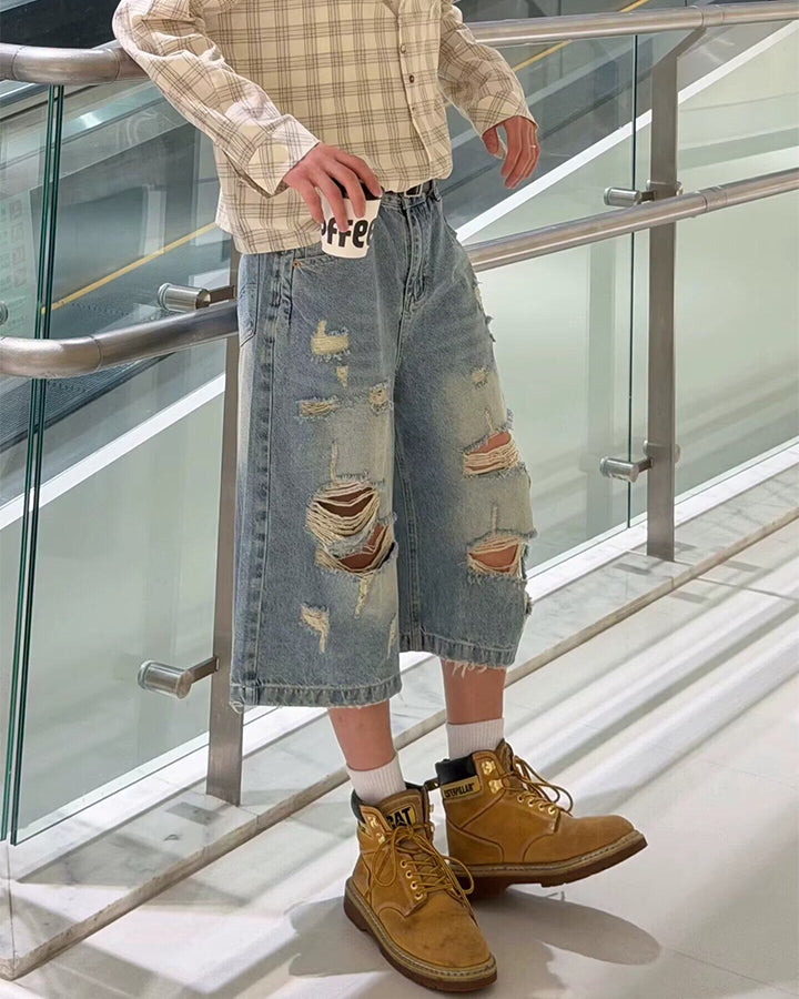 KIIKIO Vintage Light-Wash Distressed Wide Denim Shorts