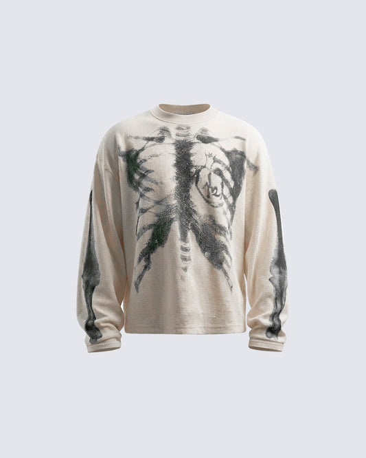 KIIKIO Skull Print Waffle Long Sleeve T-Shirt