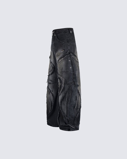 Dark Wavy Zipper Deconstructed Wide Denim Pants New