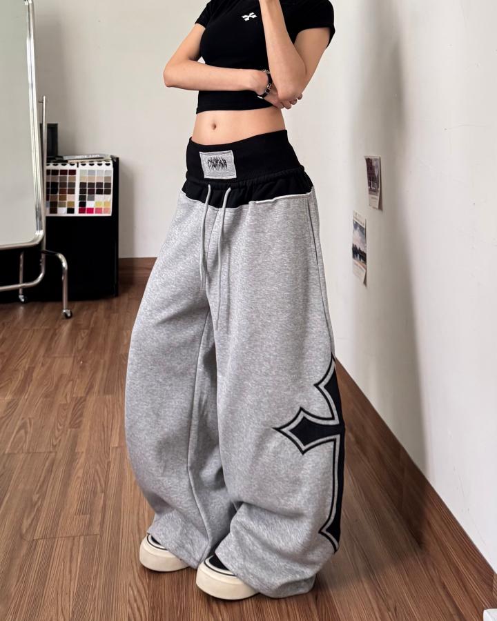 KIIKIO Y2K Color-Block Cross Pattern Baggy Pants