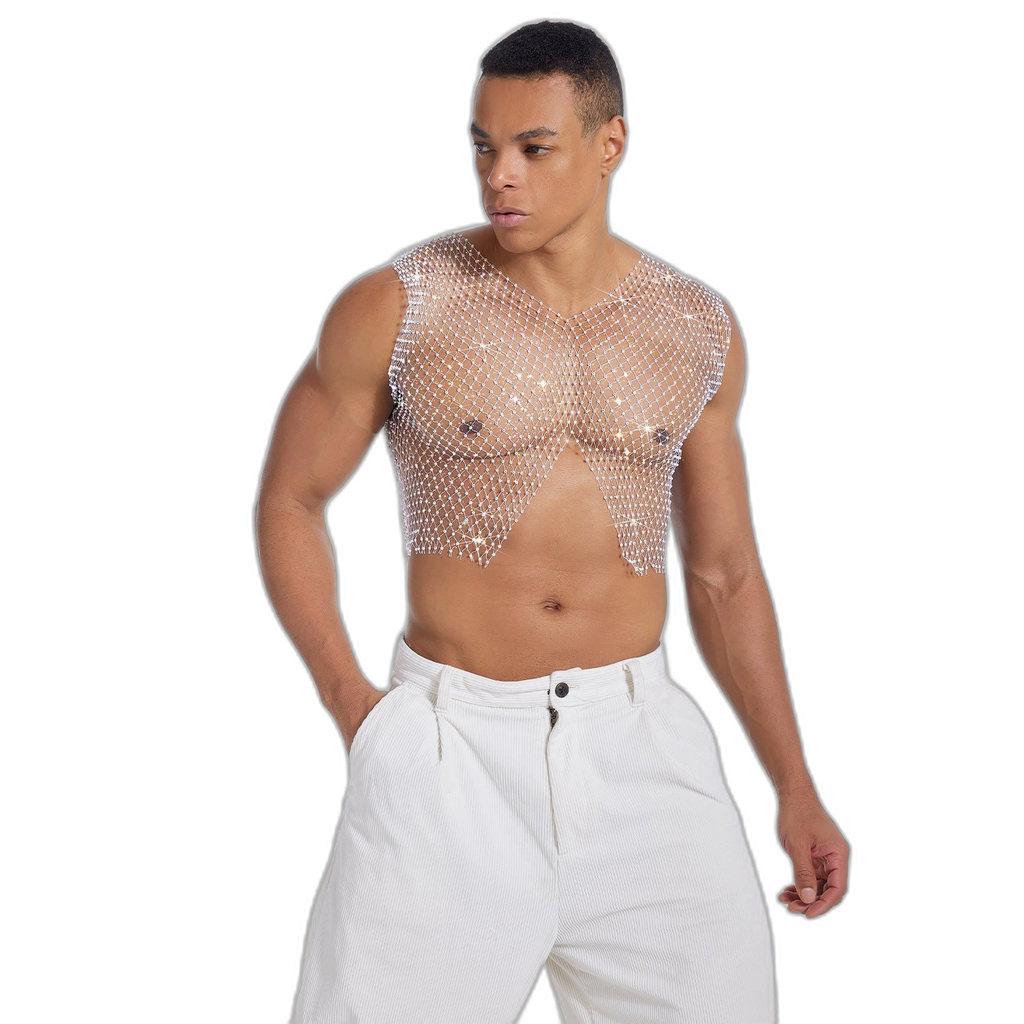Rhinestone V-Cut Mesh Top