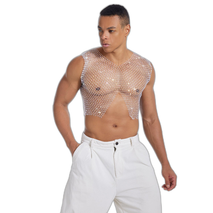 Rhinestone V-Cut Mesh Top
