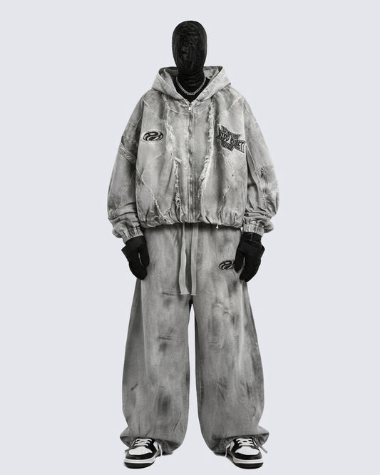 Washed Vintage Embroidered Sports Casual Tracksuit
