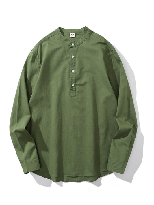 Men's Crew Neck Cotton-Linen Long-Sleeve Shirt