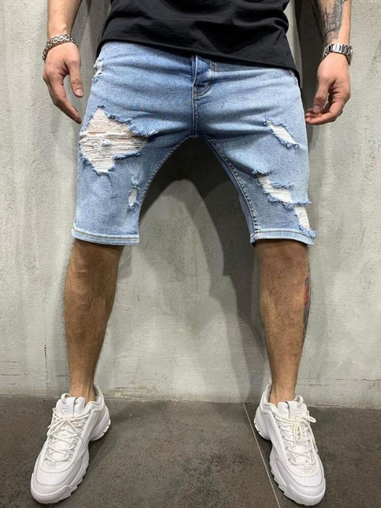 Men's Solid Color Ripped Slim-Fit Denim Shorts