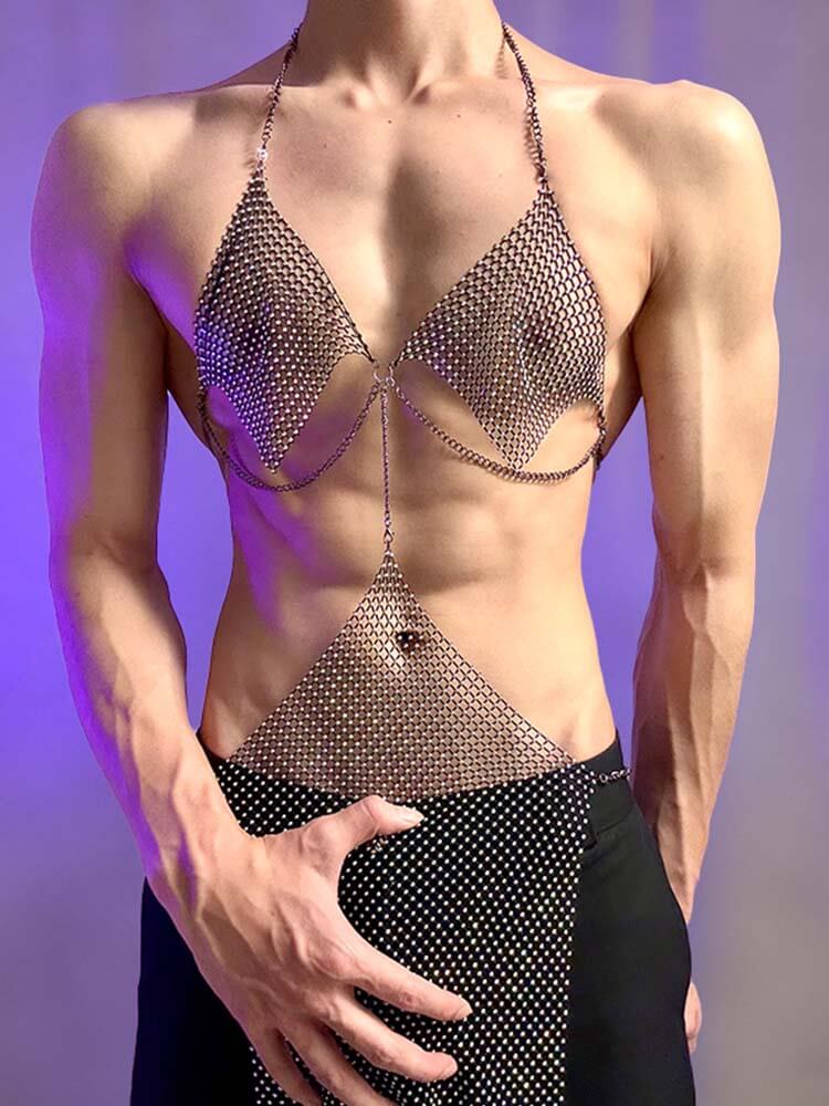 Men's Sexy Metallic Chain Fishnet Slip Dress