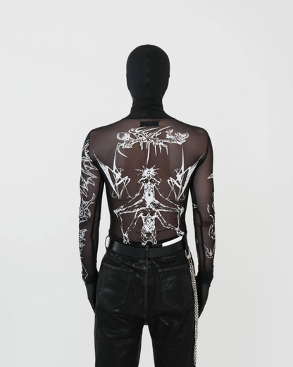 Gothic Mesh Long Sleeve Top with Graphic Print