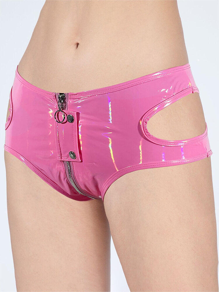 Sexy Side Cutout Patent Leather Zip Crotch Shorts