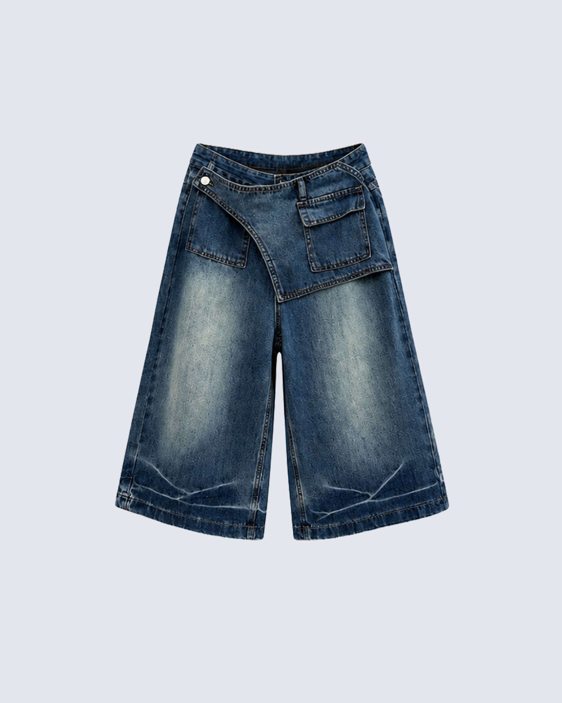 KIIKIO Retro Asymmetrical Pocket Denim Straight Shorts