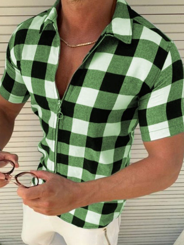 Men's Slim-Fit Lapel Plaid Print Zip-Up Top