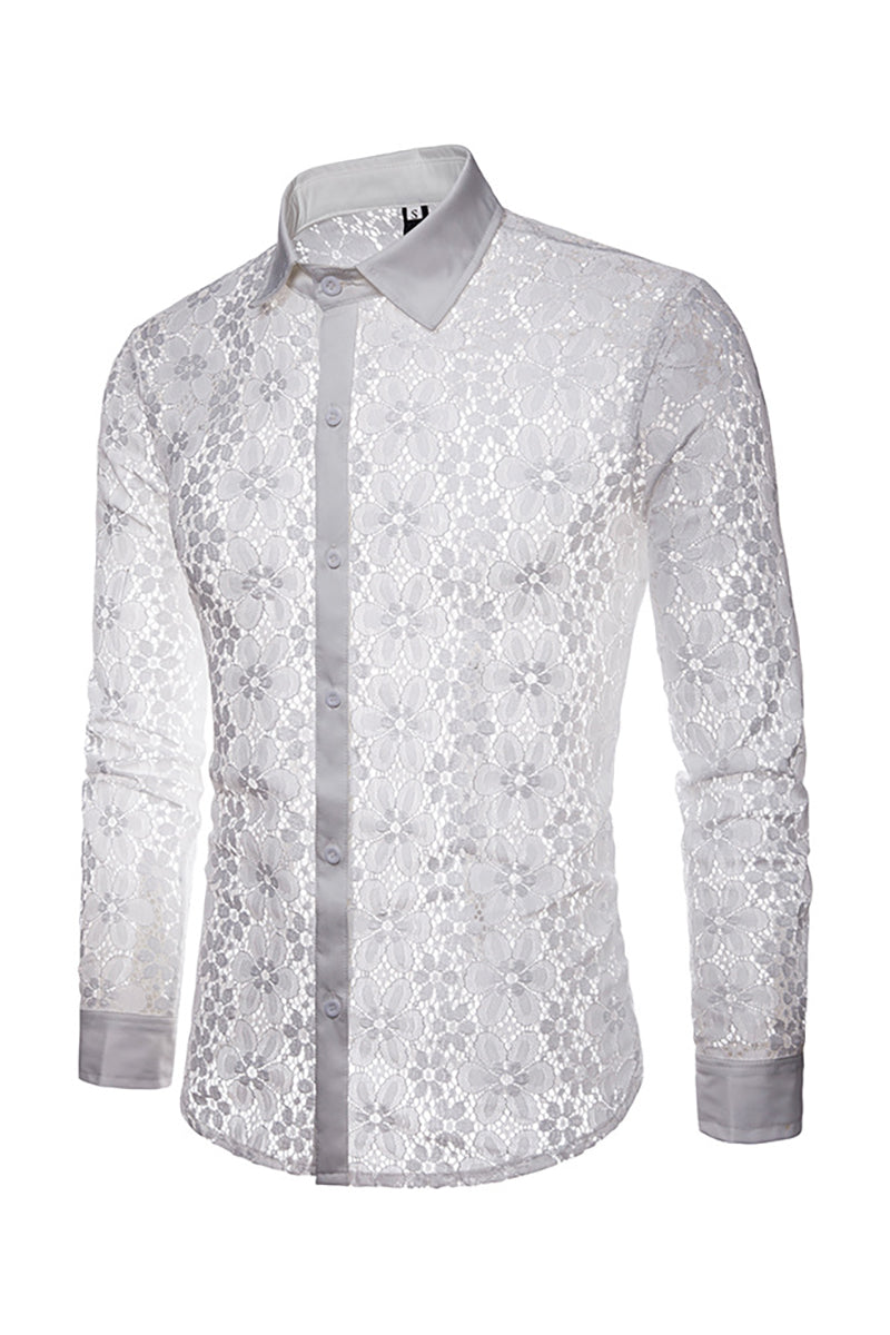 Men's Fashion Full Lace Printing Solid Color Long-Sleeved Lapel Shirt