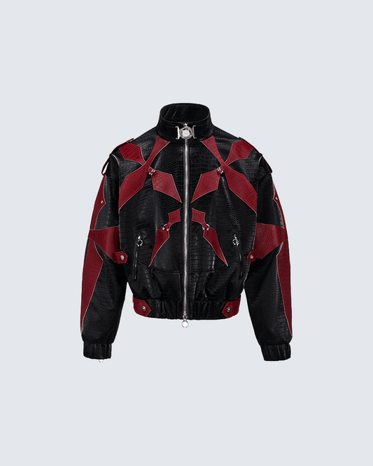Black and Red Crocodile-Patterned Leather Patchwork Jacket